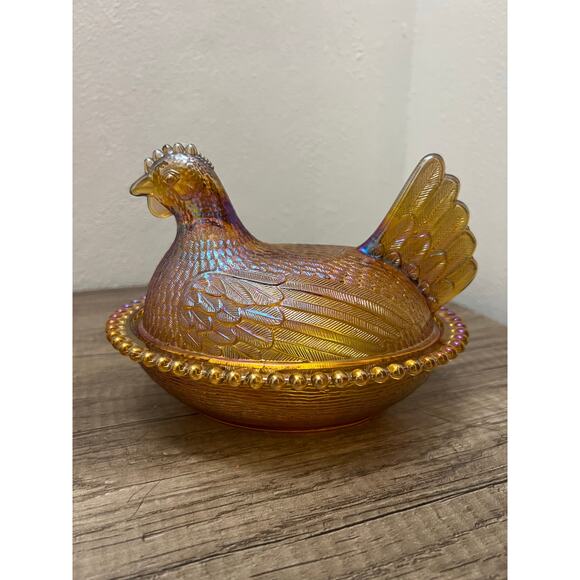 Indiana Glass Amber Iridescent Hen on Nest Dish Vintage Style Carnival Glass - Picture 11 of 16
